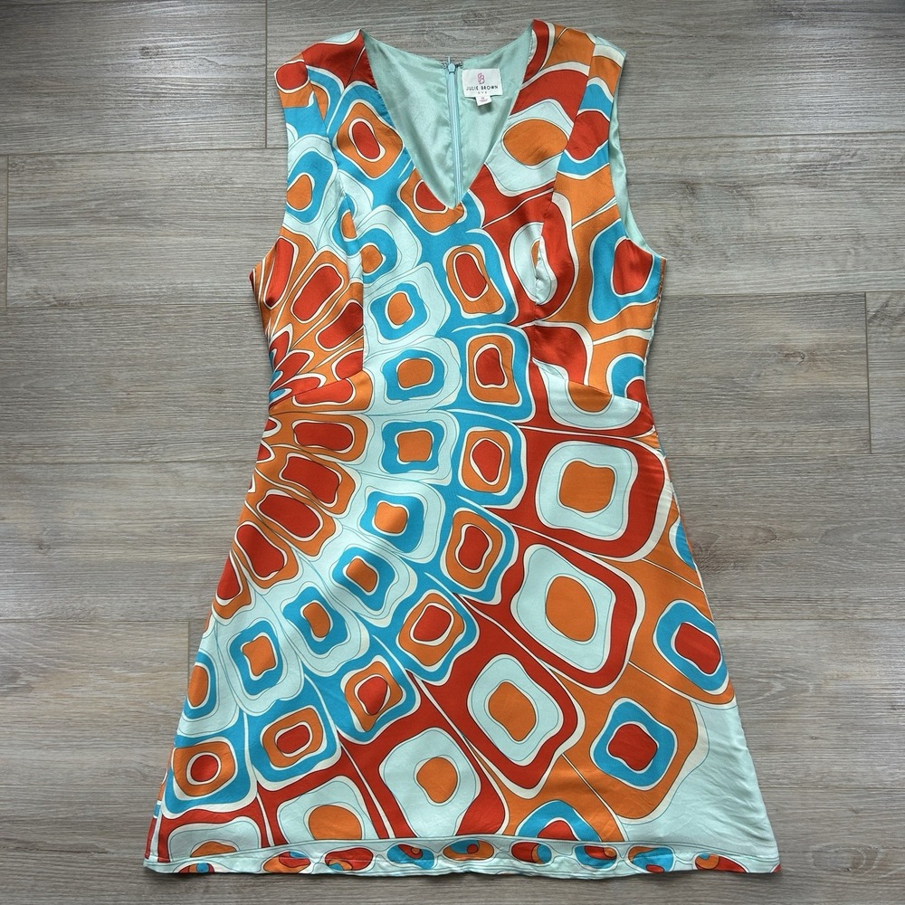 Julie Brown NYC Size 12 Silk Mini Dress Retro 70s Mod Style Groovy Lined V Neck‎